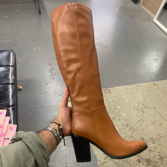 Women’s Pointed Toe Zip Block Heeled Long Boot in Camel Faux Leather - Picture 6 of 12